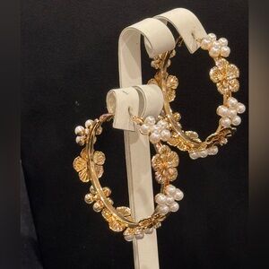 Jennifer & Comp Gold Tone Faux Pearl Embellished Hoop Earrings 2in Glam Boutique